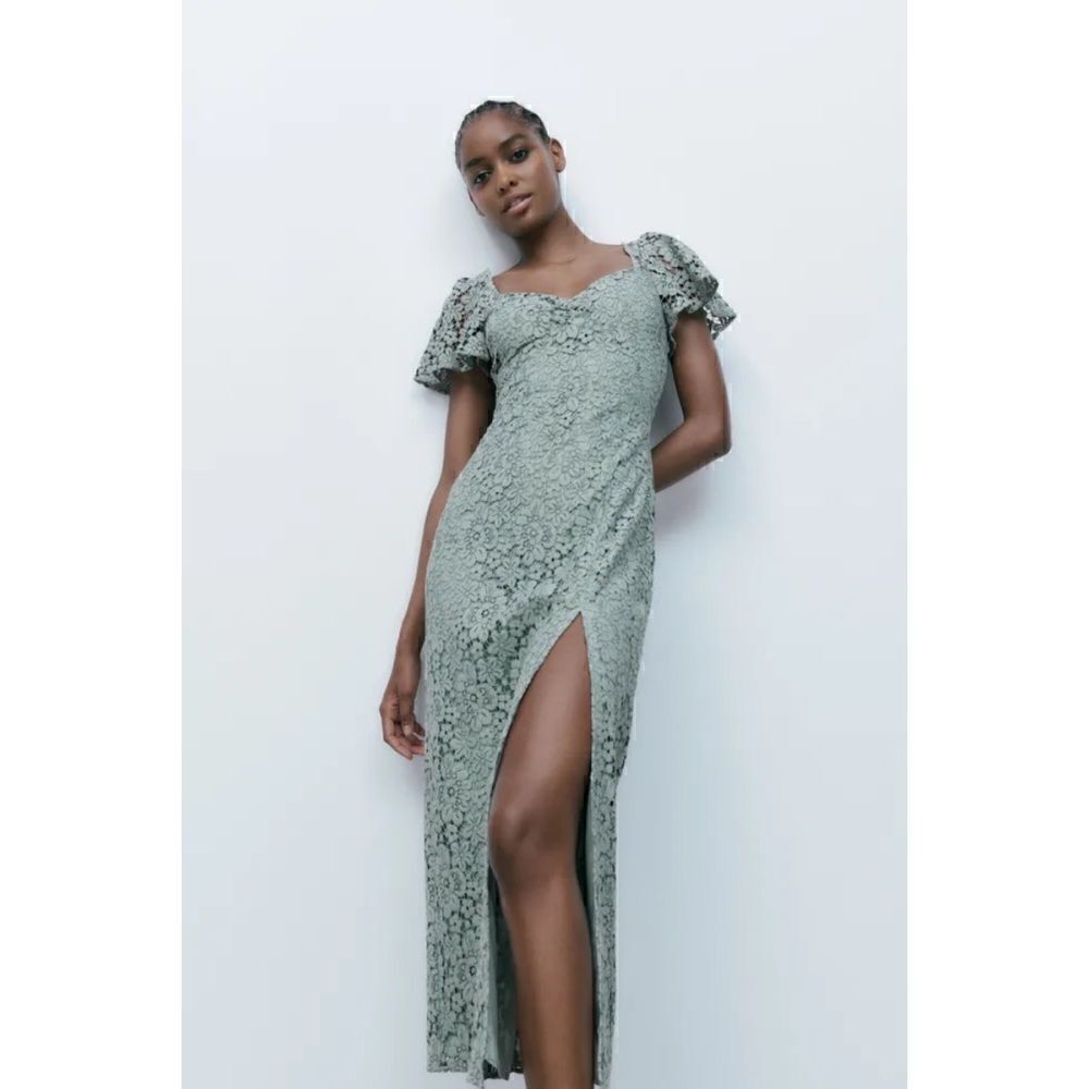 NWT Zara Green Lace V-Neck Short Sleeve Front Slit Hem Midi Dress, Size Small - Picture 2 of 16